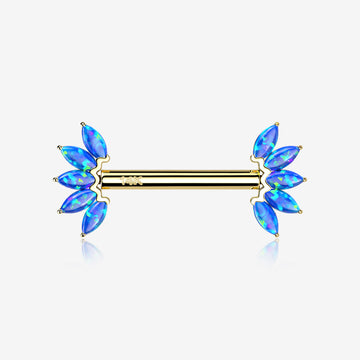 A Pair of 14 Karat Gold OneFit Threadless Marquise Fire Opal Floral Nipple Barbell-Blue Opal